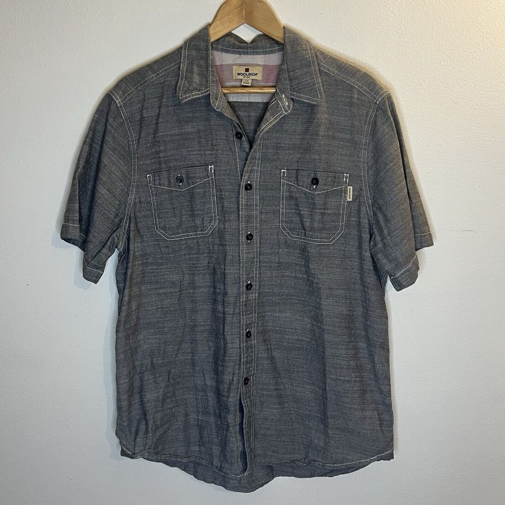 Woolrich Shirt‎ Adult Large Chambray Gray Button Up Short Sleeve Casual Mens
